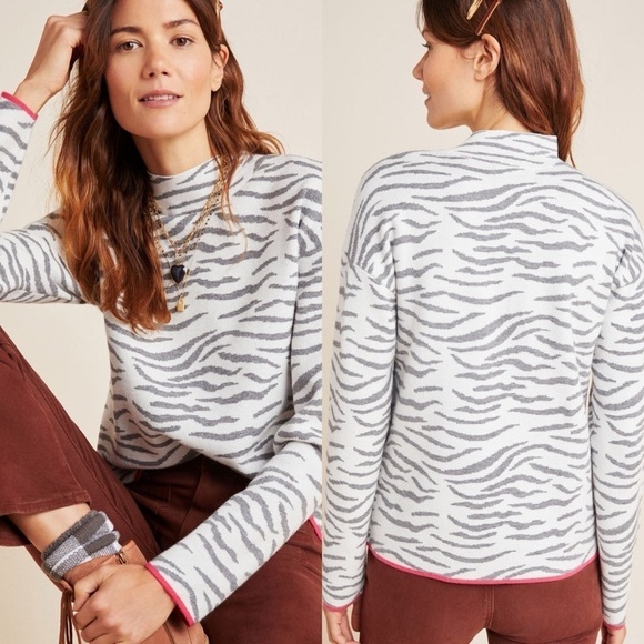 Anthropologie Lizzie Mock Neck Sweater Grey Zebra Size Extra Small Petite - Picture 1 of 7